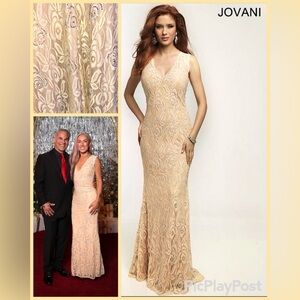 Jovani Champagne Lace Swarovski Crystals Sequin Mermaid Evening Dress AUTHENTIC